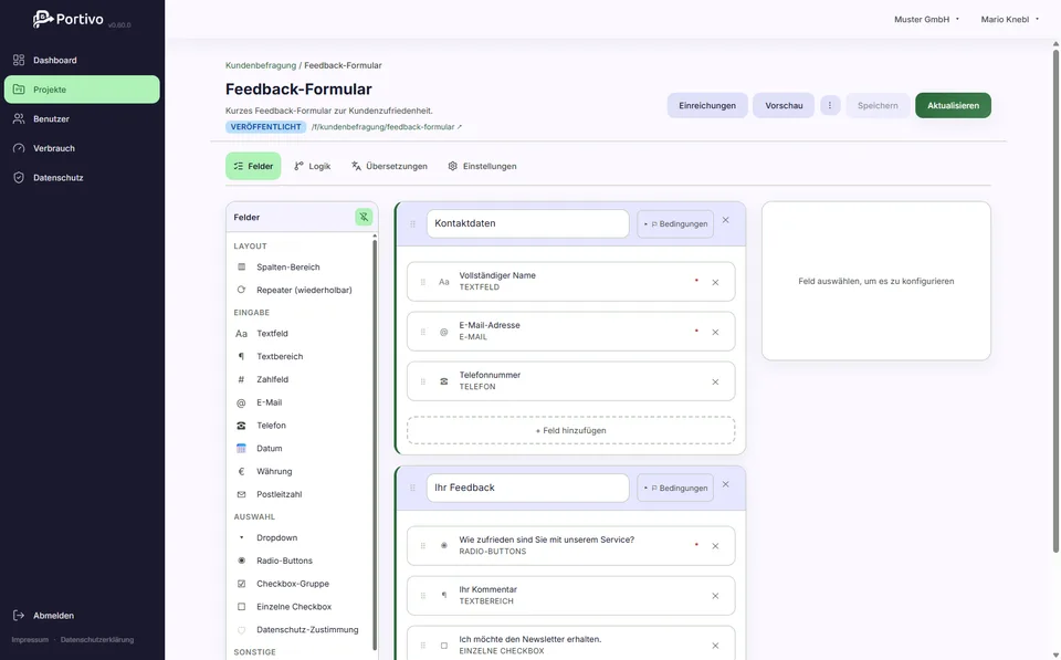 Portivo Formular-Editor: Feldtypen zur Auswahl links, der Formularaufbau in der Mitte, rechts die Einstellungen zum gewählten Feld