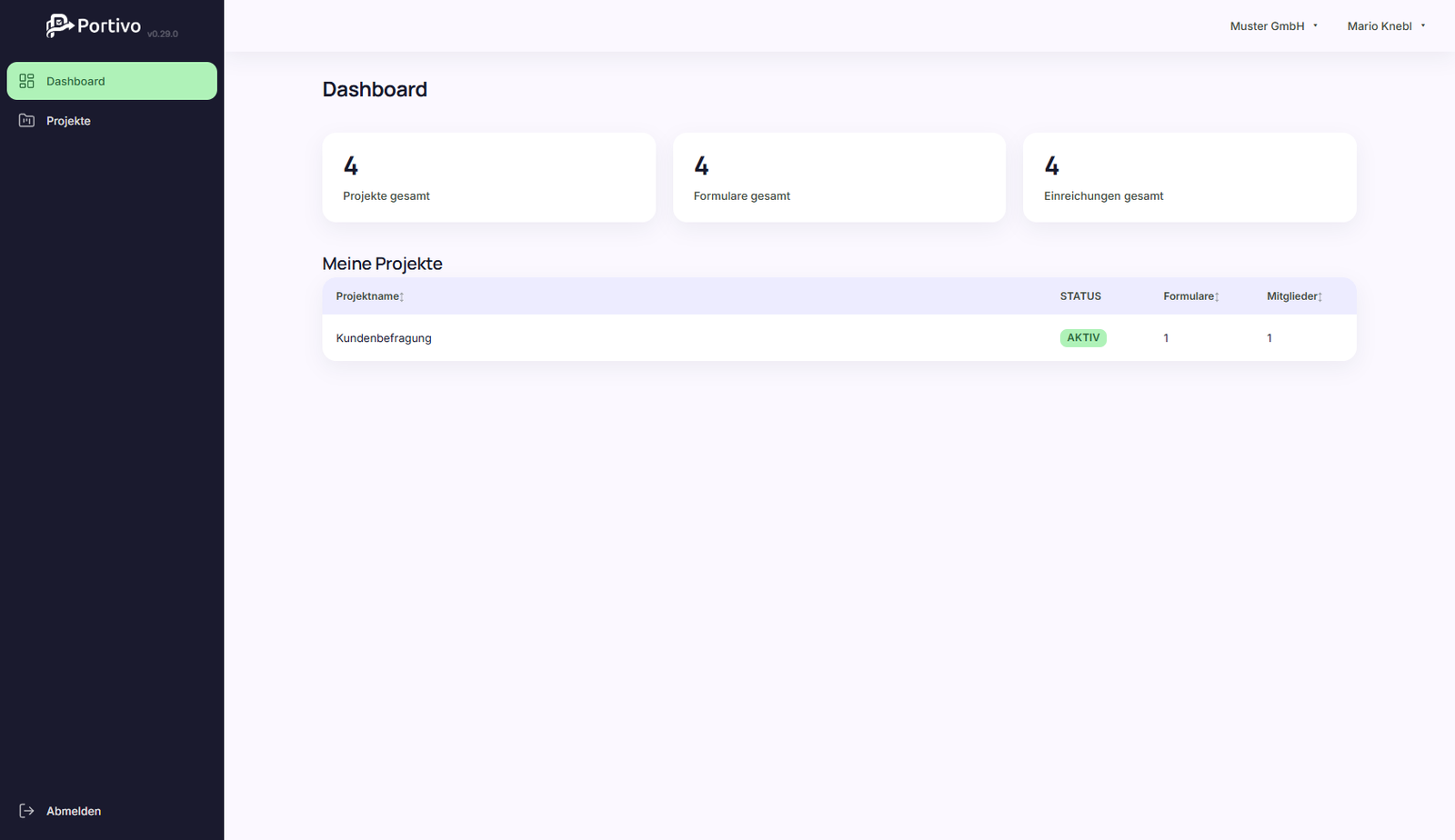 Portivo Dashboard im Admin-Modus, Demo-Mandant Muster GmbH