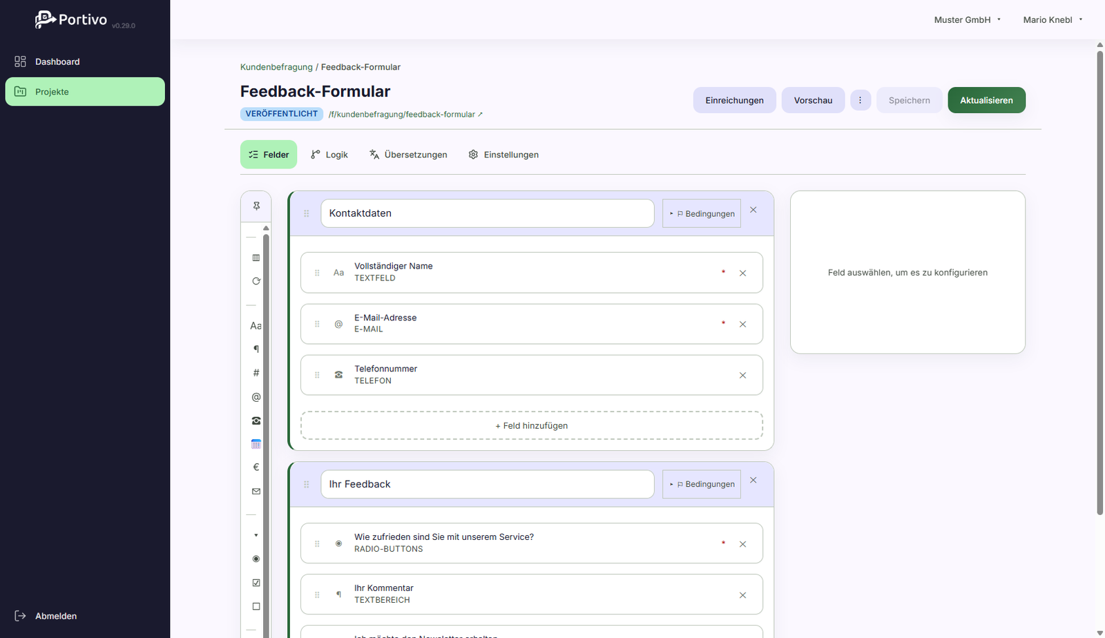 Portivo Formular-Builder im Bearbeitungs-Modus